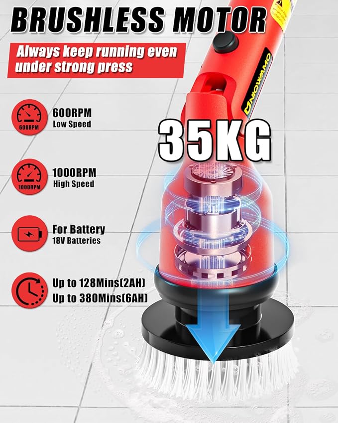 Uniqwamo Electric Spin Scrubber Compatible for Milwaukee 18V Battery | 1000 RPM Battery Powered Scrubber with Adjustable Extension Arm & 8 Brushes & Gloves for Tub/Tile/Floor(Battery NOT Included)