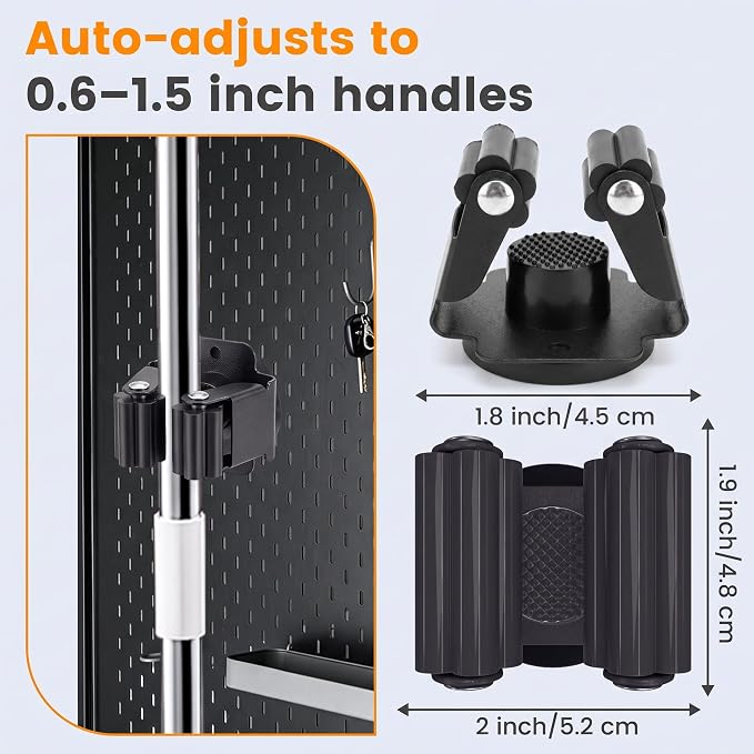 4 Pack Strong Magnetic Broom Holder, Black | No Drill, Heavy Duty Mop and Tool Organizer, Anti-Slip Rubber Grippers, Movable Wall Mounted Storage Rack