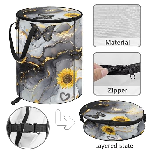 BIGCARJOB Marble Print Collapsible Trash Can Portable Tall Trash Can Oval Recycling Bin 22.83x17.71 Outside Sunflower Garbage Bin Storage Bag with Clip and Zipper Lid