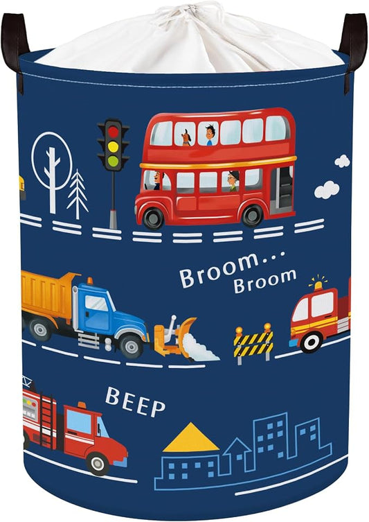 Cars Laundry Hamper Cartoon Vehicle Large Storage Basket Collapsible Parents Organizer Boy Toy Clothes Bins for Bedroom, Bathroom, City Bus, 63L