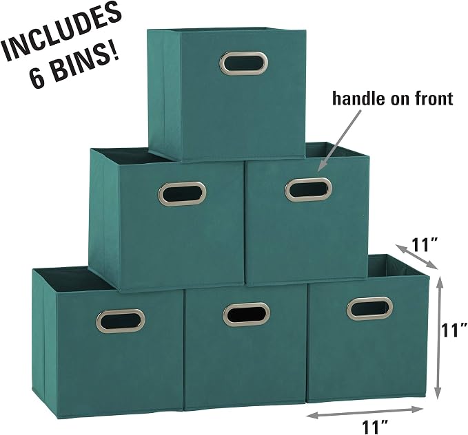 Household Essentials Fabric Storage Bins in Strong Poly‑Woven Fabric, Sturdy Chipboard Sides, Grommet Front Handle, Teal Green, Set of 6