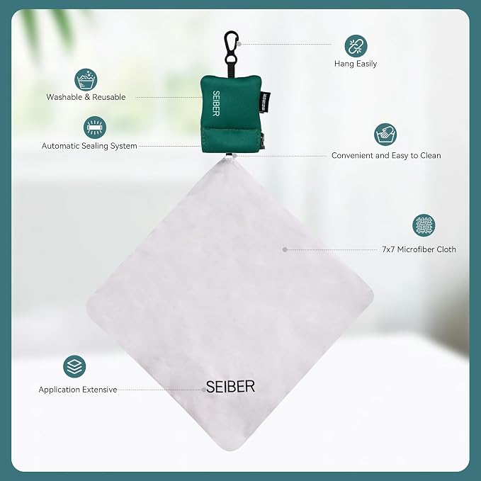SEIBER Microfiber Glasses Cleaning Cloth with Keychain, Dark Green, 2PCS | For Eyeglasses, Phone ,Camera & Screens, Neoprene Pouch Included,self-closing Bottom, Ultra-Soft, Scratch-Free