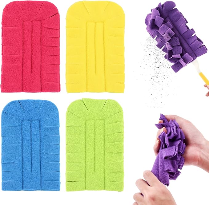 5 Pack Reusable Fleece Duster Refills, Washable Heavy Duty Duster Pads with Yellow Handle, 360 Cleaning Pads for Home Car Furniture Pet Household Use