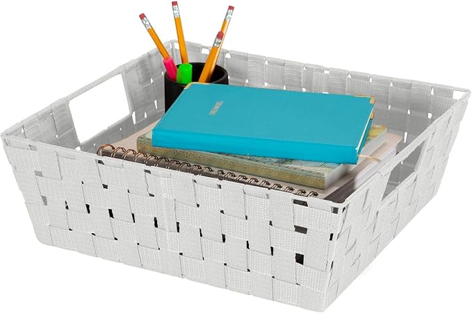 Simplify 2 Pack Large Storage Shelf Totes with Woven Strap in Heather Grey | Decorative | Baskets | Organization | Accessories | Drawer | Desk | Closet | Bathroom | Bedroom | Nursery | Toys | Gifts