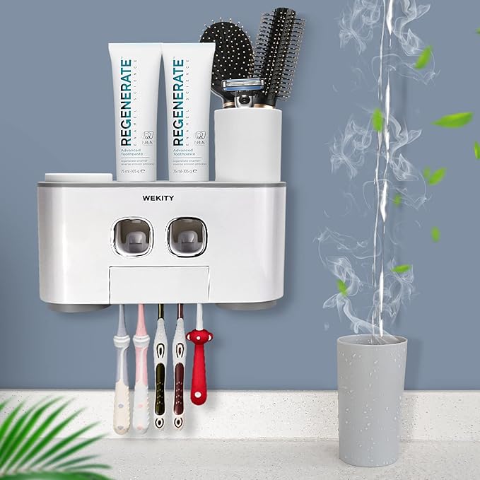 Toothbrush Holder Wall Mounted, WEKITY Multi-Functional Toothbrush and Toothpaste Dispenser for Bathroom, with 5 Toothbrush Slots, 2 Toothpaste Squeezers and 4 Cups(Grey)