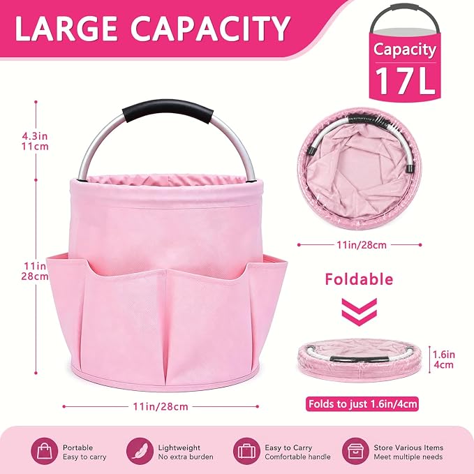 Cleaning Caddy with Handle, 17L Foldable Storage Basket, Heavy Duty 600D Oxford Cloth Organizer, Portable Supply Bag, Multi-Purpose Supplies Caddy for Home, Bathroom, Kitchen, Garden - Pink