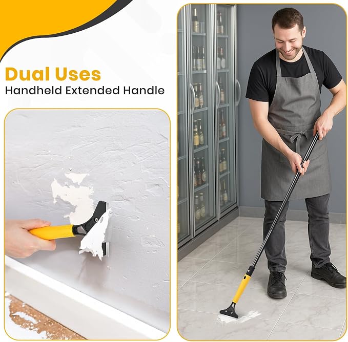 Heavy Duty Floor Scraper with 44.5” long handle, 4” Scraper Tool with 10 Replacement Metal Razor Blades, Paint Scraper for Cleaning Gum Glass Wall Tile Glue Linoleum Stove Top