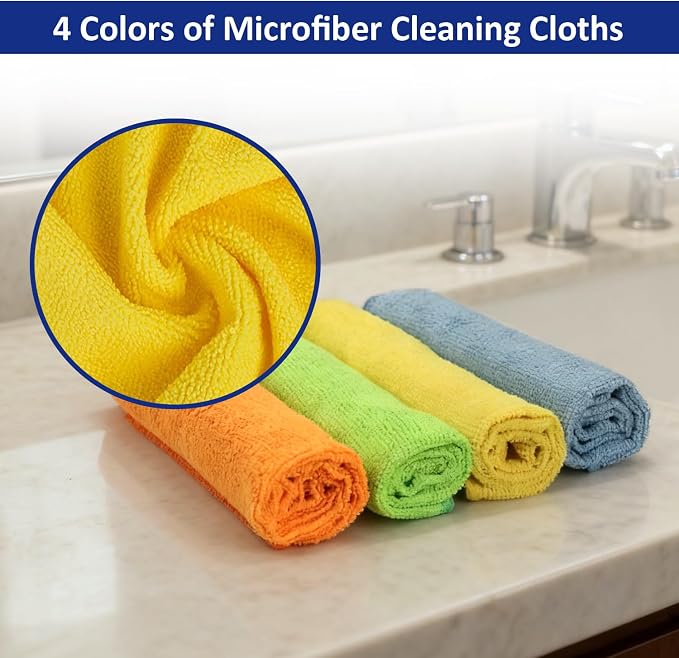 Microfiber Cleaning Cloths (24-Pack), 14" x 14", Ultra Absorbent, Lint-Free, Streak-Free, Reusable, Ideal for Car, Kitchen, Window, and Household Cleaning (Orange/Yellow/Green/Blue)