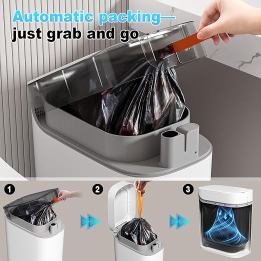 MOPUP Bathroom Trash Can,Includes 180 Drawstring Trash Bags. | Automatic Bagging Garbage Can, 3.5 Gallon Slim Smart Small Plastic Trash Bin, Motion Sensor Trash Can for Office, White