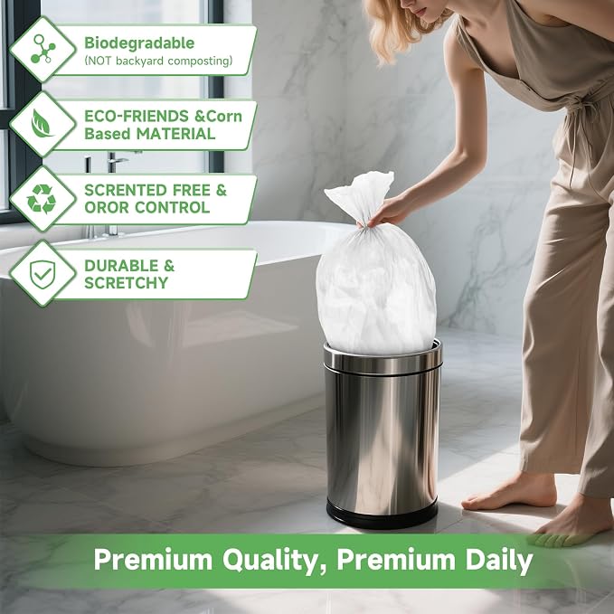 3 Gallon Small Biodegradable Trash Bags - Heihaily Clear White 100 Count Waste Basket Liners Strong Thick Recyclable Compostable Garbage Bag for Kitchen Bedroom (Unscented, 5 Rolls)