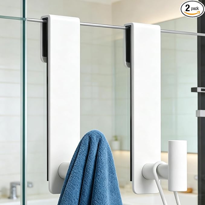 PMMASTO White 7.5 Inch Shower Door Towel Hook, Fits 3/8-Inch Glass | Heavy-duty Stainless Steel, Extended T-shaped Design, for Towels Bathrobes on Frameless Glass Shower Doors