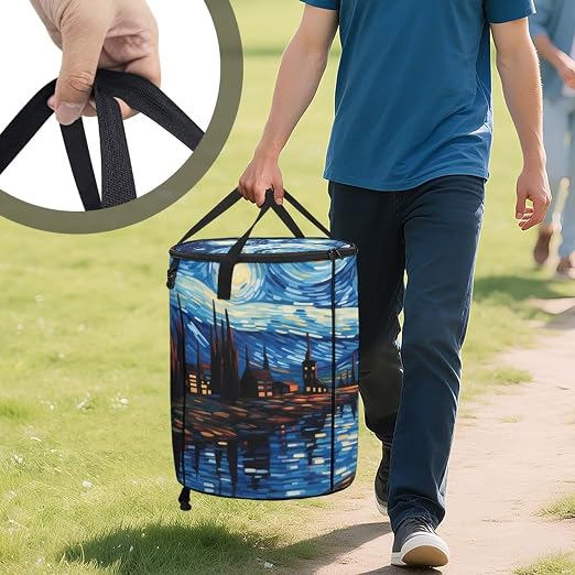 Starry Night Oil Painting 24 Gallon Camping Trash Can Collapsible Outdoor Garbage Can with Lid Waterproof Easy to Clean Reusable Trash Bin for Patio Yard Garden Kitchen Laundry