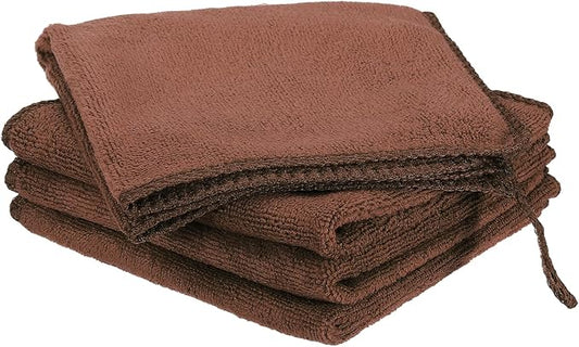 HARFINGTON 4 Pack Microfiber Cleaning Cloth, 8" x 8" Multi-Functional Cleaning Towels Reusable Absorbent Rags with Hook for Car Wash Kitchen Household Window Clean, Brown