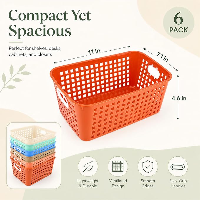 6 Pack Plastic Classroom Storage Baskets, Organizer Bins with Handle | Vintage Color 11" × 7.1" × 4.6" Medium Papers Book Storage Organizer for School Classroom Library Office Home Desktop Closets