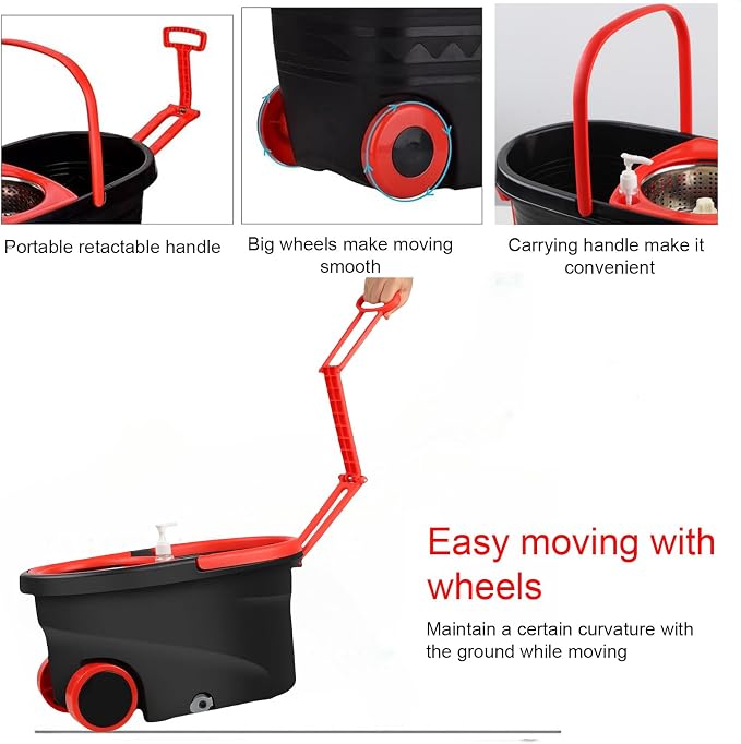 Spin Mop and Bucket with Wringer Set on Wheels,360° Spinning Mop Bucket System for Floor Cleaning, Mop and Bucket Set with 3 Microfiber Mop Replacement Heads and 61" Stainless Steel Adjustable Handle