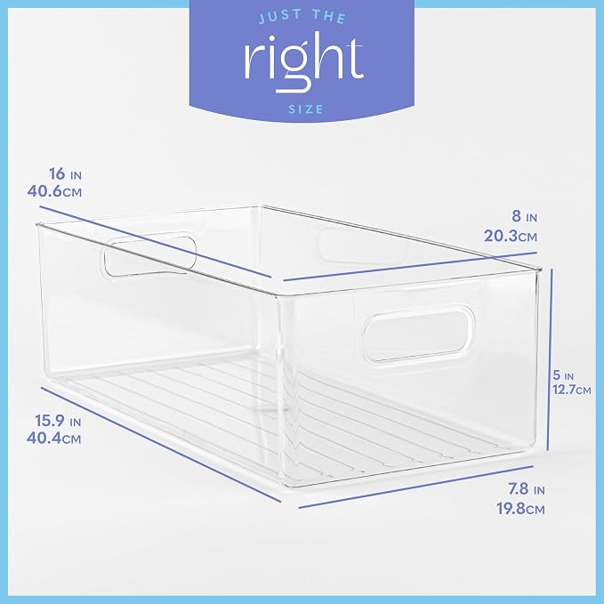 Plastic Food Storage 8 Pack Clear Container Bin with Handles for Organizing Kitchen, Pantry, Refrigerator, Freezer, Pantry, Cabinet, Closet, Bathroom. 16”x8”x5”