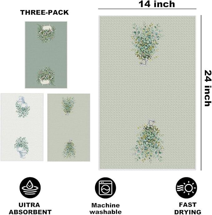 3 Pcs Eucalyptus Hand Towels 24x14 Inch, Botanical Reusable Dish Towels | Waffle Weave Hand Cloth Tea Towel for Kitchen Farmhouse Decor, Green Leaves Gifts for Women Friend