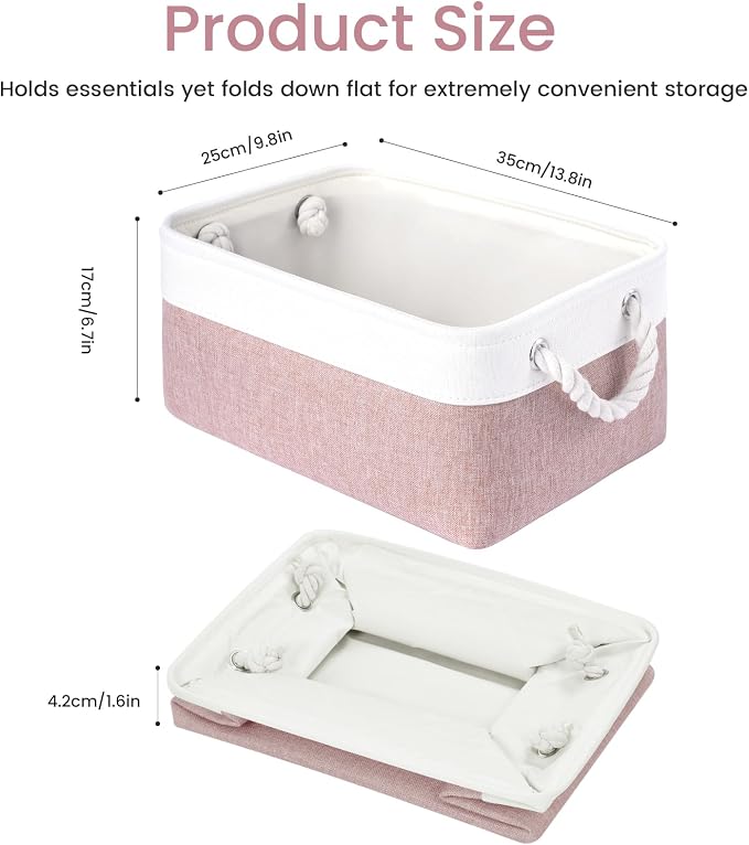 13.8x9.8x6.7 Inch Fabric Small Storage Bins with Handles 6 Pack | Foldable Storage Basket, Sturdy Metal Strand, Cardboard Support Molding, Small Baskets for Organizing, Shelves, White/Pink