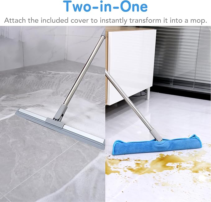 DrDirt Floor Squeegee | 120cm/47in Silicone Magic Broom with Microfiber Mop | Squeegee for Floor Cleaning | Microfiber Duster with Extension Pole for Indoor Water | Dust & Glass Quick Drying