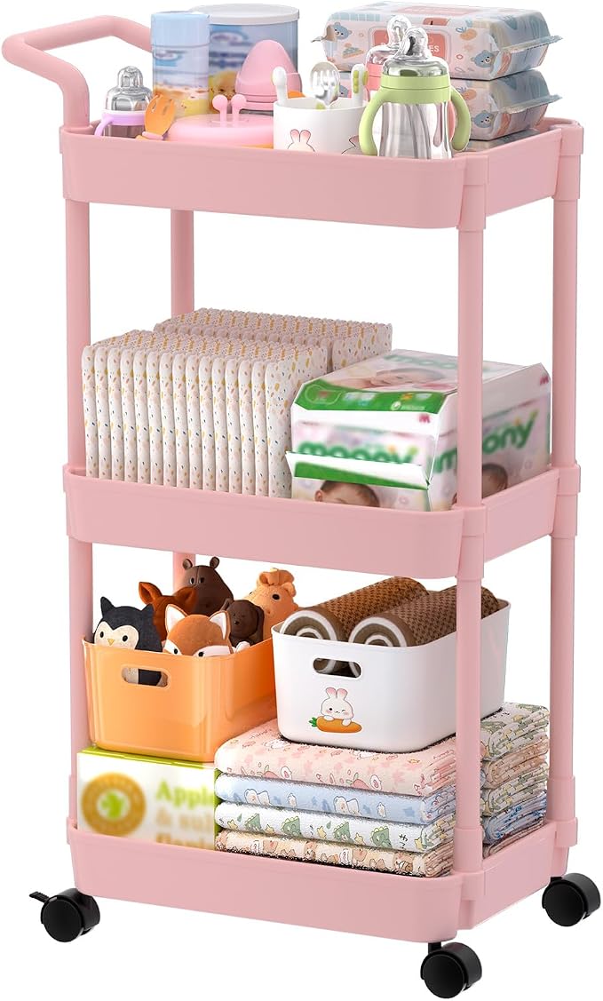 Volnamal Diaper Caddy, 3 Tier Rolling Cart for Baby Essentials, Pink | Movable & Easy Assemble Cart for Newborn Nursery Essentials, Diaper Storage Organizer for Changing Table&Crib, Baby Registry