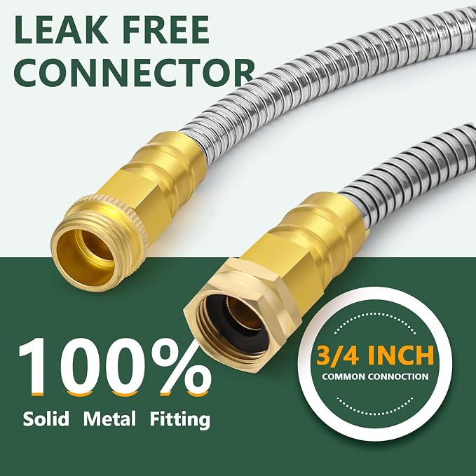 Metal Garden Hose 25ft Copper Bullet, Heavy Duty Stainless Steel Water Hose with 10 Function Sprayer Nozzle, Leaf-Proof Kink Free Lightweight for Outdoor,Yard,Lawn,Patio, Car
