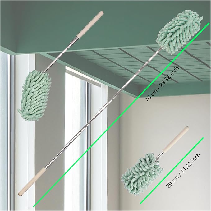 Green Retractable Microfiber Duster for Cleaning Extendable Washable Hand Duster Feather Duster Cleaning Tool for Cleaning Office, Car, Window, Computer, Air Condition