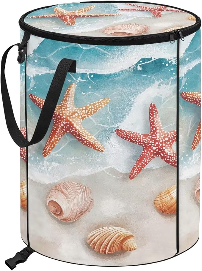 Foldable Trash Bag with Lid and Handles 24 Gallon Large Capacity Collapsible Garden Leaf Bin Reusable Waster Bags for Camping Outdoor Picnics Beach Starfish Print