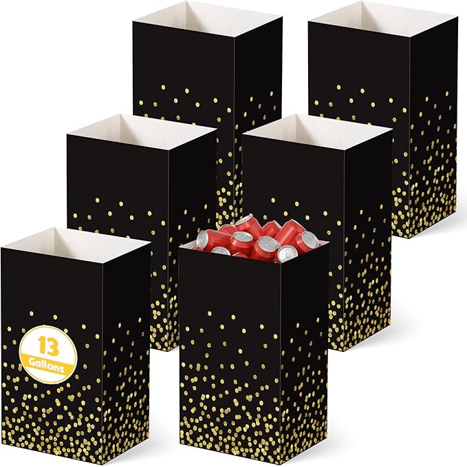 Tinlade 6 Pack 13 Gallon Pop up Trash Cans Black and Gold Disposable Garbage Cans for Party Large Waterproof Trash Can Foldable Bins for Graduation Prom Birthday Anniversary Party Gathering