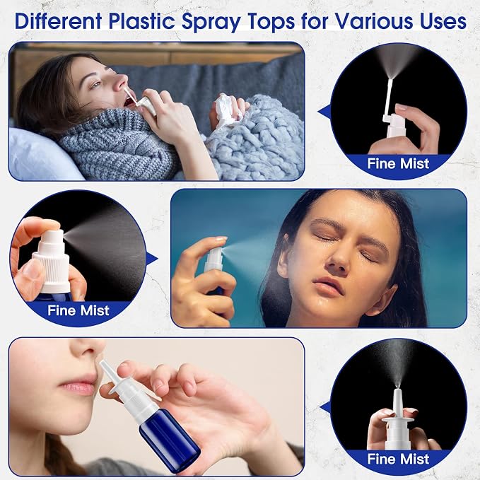 Nasal Spray Bottle, 3 Pcs 30ML/1oz Glass Refillable Continuous Fine Mister Spray Bottles, Travel Sized Empty Nasal Sprayer with Sprayers, Funnels and Labels(Blue)