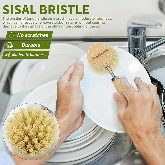 Long Handle Bamboo Dish Brush Set with 4 Replacement Brush Head | No Plastic, Bamboo Handle and Sisal Bristle, Natural Dish Scrubber Brush, Used for Cleaning Dish, Pan, Pot, Fruit and Veggie