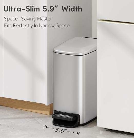 TIPGO Small Bathroom Trash Can with Lid, 1.6 Gal, Soft Close, Silver | Foot Pedal, Soft Quiet Lid, 5.9'' Slim for Narrow Space, Stainless Steel, Anti-fingerprint, Removable Inner Bucket, Odor Seal