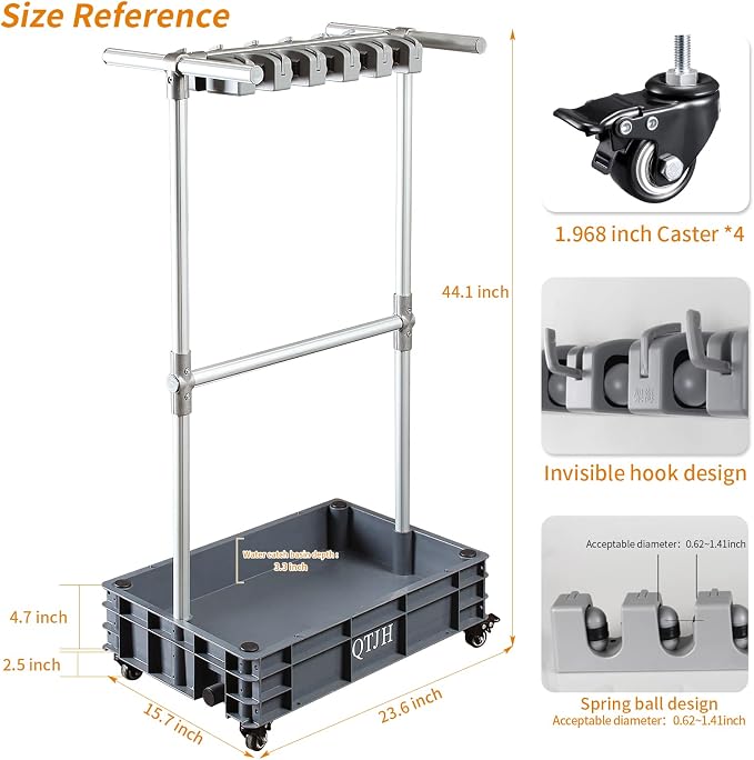 Broom mop holder cleaning supplies organizer janitorial carts on wheels housekeeping station storage tools for garage, garden, closet, cabinet.