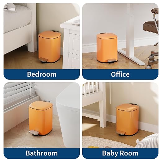 Garvee Bathroom Trash Can with Lid, 1.6 Gallon Small Garbage Can, Orange | Step Pedal, Soft-close Lid, Rear Handle, Removable Plastic Inner Liner with Trash Bag Retainer Ring, for Kitchen, Office