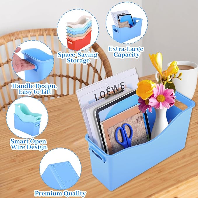 6 Pack Plastic Book Binder Holders, 6 Colors Classroom Storage Bins with Handles, Stackable Organizing Bins for Library Home Office, 13.6X5X7.1 Inch