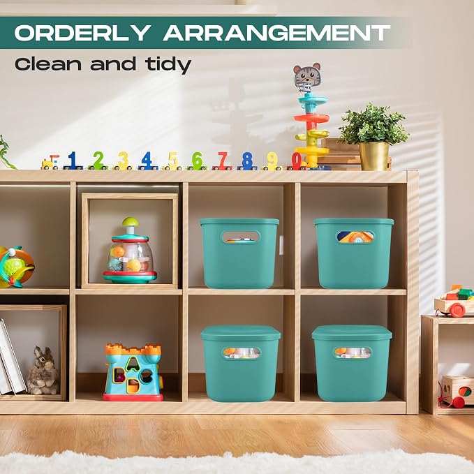 Hoolerry 8 Pack Storage Bins, 16.1 X 12.0 X 9.7 Inch Green | Plastic Stackable Containers with Lid Handle, For Shelves Desktop Playroom Office, Organizing Toys Books Supplies Storage