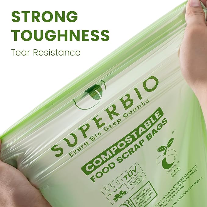 SUPERBIO 13 Gallon Compostable Kitchen Waste Bags with Handles | Food Scrap Bags, Certified by BPI, OK compost HOME, 30 Count, 49.2L