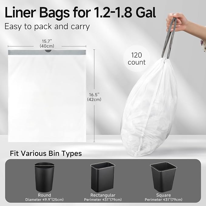 TIPGO Small Trash Bags Drawstring 1.6 Gallon, Pre-Cut Mini Garbage Bags for 1.2-1.8 Gallon Trash Bins, 120 Count (Code A)