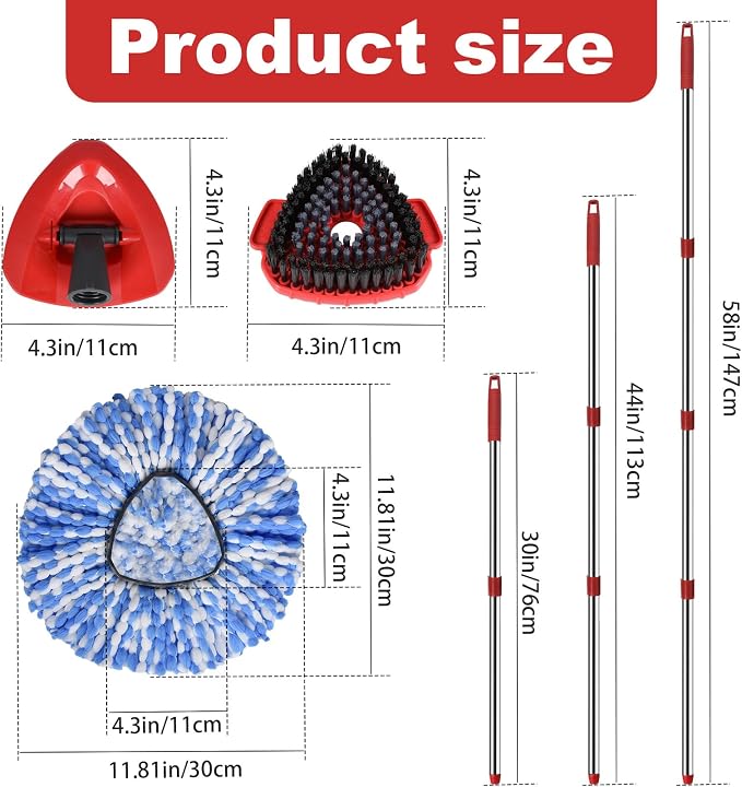 Spin Mop Replacement Head Set for O Ceda Mop RinseClean 2-Tank System | Include 3 Pack Mops Heads Replacements + Scrub Brush + 30-58" Handle & Base, Microfiber Mops Head Floor Mop Refill Kit