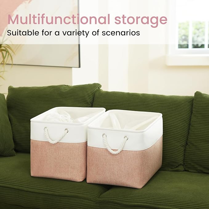 16x12x12 In Foldable Fabric Large Storage Bins with Handle 1 Pack | Storage Basket with Draw String Top, Sturdy Metal Strand, Cardboard Support Molding, for Shelf, Closet, Bedroom, White/Pink