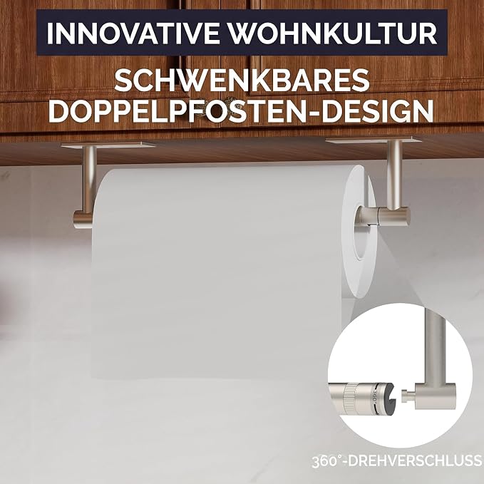 Paper Towel Holder Under Cabinet Self Adhesive Brushed Nickel | 304 Stainless Steel Post Pivoting Design Paper Towel Holder Wall Mounted & No Drilling for Kitchen Silver, Square Base