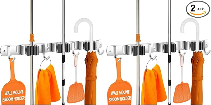 The Good Stuff Compact Mop and Broom Holder Wall Mount – Stainless Steel Organizer with 3 Racks and 2 Hooks – Rust-Resistant, Space-Saving Tool Hanger for Closet, Kitchen, Garage, or RV (Pack of 2)