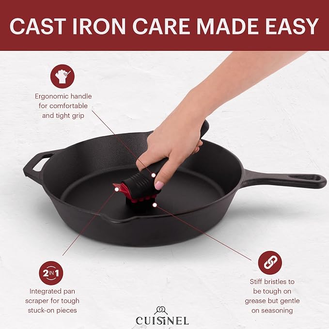 Cuisinel Cast Iron Chain Mail Scrubber + Cleaning Brush + Pan & Grill Scrapers - The Ultimate Skillet and Grill Cleaner Kit - Soft-Touch Confident-Grip Dish Scrub Tool - Silicone/Stainless Accessories