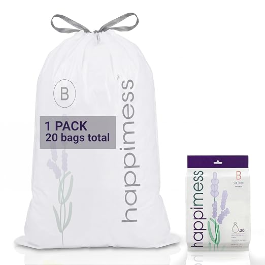 happimess 20-Count Lavender Scented 5.3 Gal Trash Bags, White | Kitchen Can Liners, Drawstring, Heavy Duty MDPE Plastic, Tear-Resistant, Recyclable, Custom Fit, Odor Control