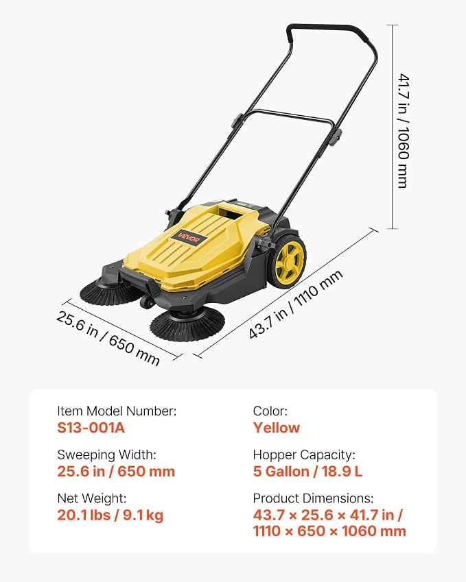 VEVOR Walk-Behind Hand Push Floor Sweeper, Manual Floor Sweeper Non-Electric with 25.6" Sweeping Width, 5 Gallons Waste Container & Adjustable Folding Handle for Yards Walkways Patios Garages - Yellow | 5 Gallons Waste Container & Adjustable Folding Ha...