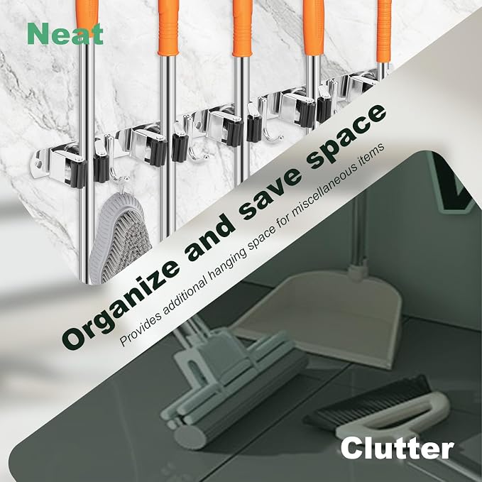 5 Pack Broom Holder Wall Mount, 5 Racks 4 Hooks, Stainless Steel | Anti Slip Storage Rack, Strong Load Bearing, Waterproof, Mop Organizer, For Bathroom Kitchen Garage