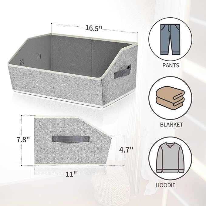 Closet Organizers Bins 6 Packs - Large Closet Shelf Organizer with Handles, Fabric Trapezoid Storage Bins, Collapsible Storage Cubes for Clothes, Towels, Light Gray