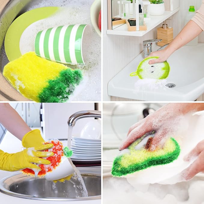 Kenning 16 Pcs Dish Scrubber Non Scratch Dish Washing Scrubbers | Reusable Household Cleaning, Kitchen Tools for Dishwashing, Washing Dishes Cookware Tubs Sink, Cute Design Dish, Hanging Loop