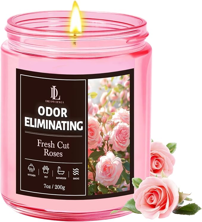 Fresh Cut Roses Odor Eliminating Candle, Romantic Floral Scent for Bedroom & Bathroom, Gently Covers Everyday Odors, Air Freshing Scented Candles, Soy Candle Gifts for Women Men, 7oz