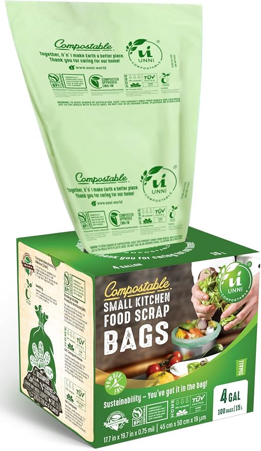 UNNI 4 Gallon Compostable Bags, 200 Count, 15 Liter, Extra Thick 0.75 Mil | Small Compost Bags for Kitchen Food Scrap Bins & Compost Caddies, 2 Packs of 100, Certified by BPI, CMA & OK compost HOME