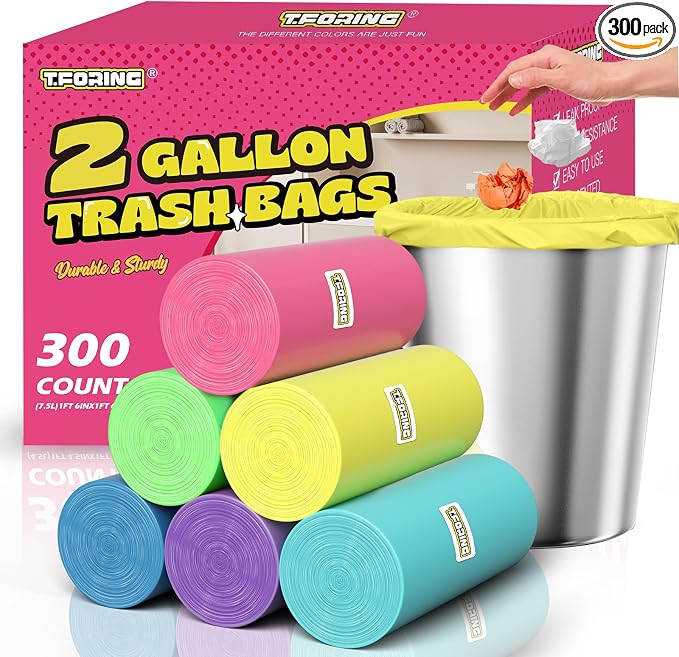 Small 2 Gallon Trash Bags Unscented, 0.78 Mil, Colored, 300 Count | 7.5 Liter Garbage Bag, Plastic Waste Basket Can Liners, Durable, Leakproof, Tear Resistant, for Bathroom Bedroom Home Bulk